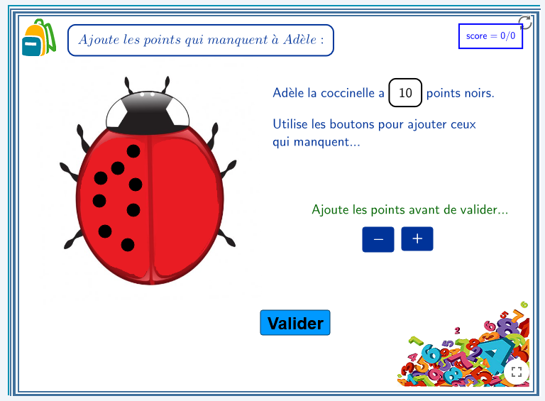 Exercice Sacado de numération : compléter les points de la coccinelle
